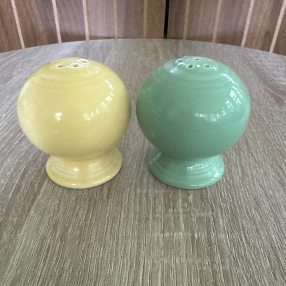 Vintage Pair of Homer Laughlin Fiesta Ball Salt & Pepper Yellow & Sea Foam Green